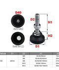 Heavy Duty Adjustable Swivel Table Legs 16 Piece Set with M5 threading, detailed dimensions for desk and chair leveling.