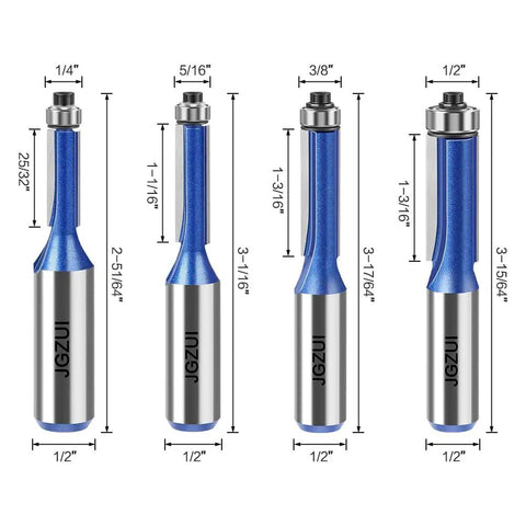 Flush Trim Router Bit Set With Half Inch Shank, 1/4 to 1/2 Inch Bearing Guided Bits, 4 Piece Tungsten Carbide Set image