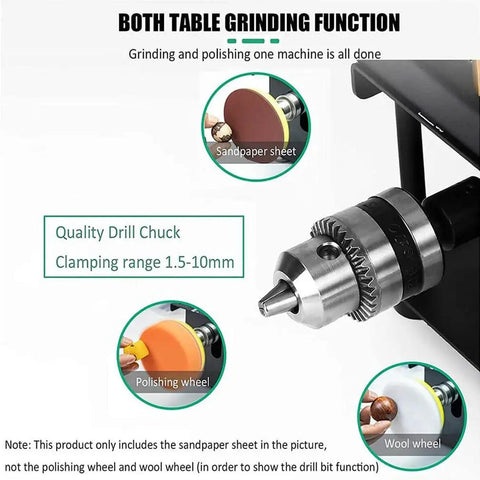 Badass Compact Mini Table Saw Featuring 200 Watt Motor For Smooth Hardwood And Acrylic Cutting, showcasing sandpaper and polishing wheels.