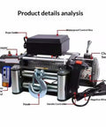 Heavy Duty 3000 Lbs Electric Winch Hoist For Off Road Recovery And Workshop Use 12V 24V Power On Board Crane with components annotated.