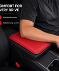 Slick Waterproof Leather Armrest Cover And Universal Center Console Pad For Every Car, soft red cushion on black console.