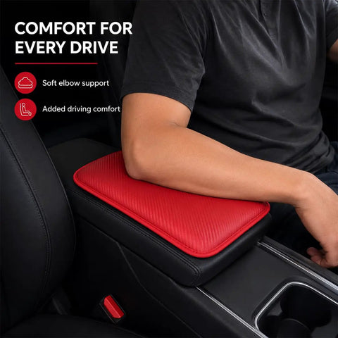 Slick Waterproof Leather Armrest Cover And Universal Center Console Pad For Every Car, soft red cushion on black console.