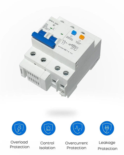 Pro Grade Heavy Duty 40 Amp 2 Pole Din Rail Mount Leakage Protection Miniature Circuit Breaker Ac 230V And 110V with overload and leakage icons.