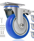 Heavy Duty Four Inch Caster Wheels With Locking Brakes Built Tough 4 in zinc mount with blue PVC wheel and hardware attachments.