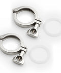 Front view of two 2-inch stainless steel tri-clamp fittings with wing-nut bolts and silicone gaskets