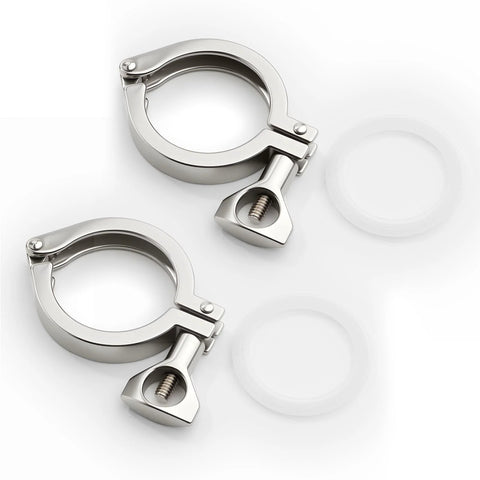 Front view of two 2-inch stainless steel tri-clamp fittings with wing-nut bolts and silicone gaskets