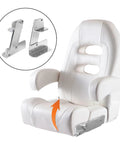 Front view of white aluminum foldable boat seat with hinge; inset close-up of metal mounting hardware.