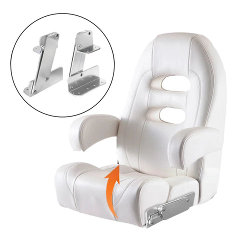 Front view of white aluminum foldable boat seat with hinge; inset close-up of metal mounting hardware.