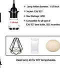 Two Pack 15 Foot Plug In Pendant Light With In Line On Off Switch features socket dimensions and bulb compatibility details