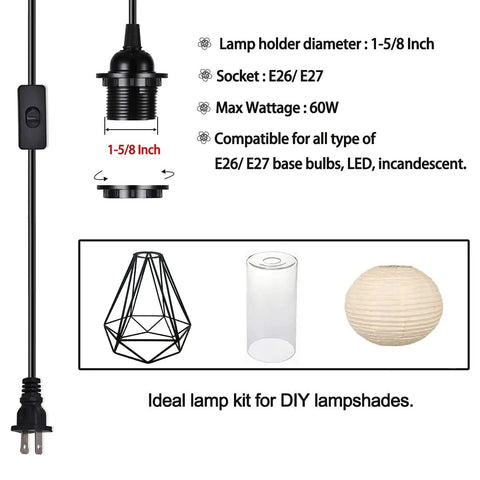 Two Pack 15 Foot Plug In Pendant Light With In Line On Off Switch features socket dimensions and bulb compatibility details