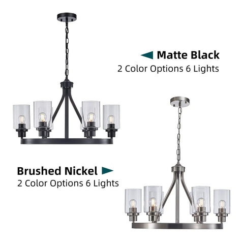 Six Light Round Farmhouse Chandelier With Vintage Rustic Pendant Ceiling Lights Clear Glass Shade Black Finish displayed in matte black and brushed nickel options.