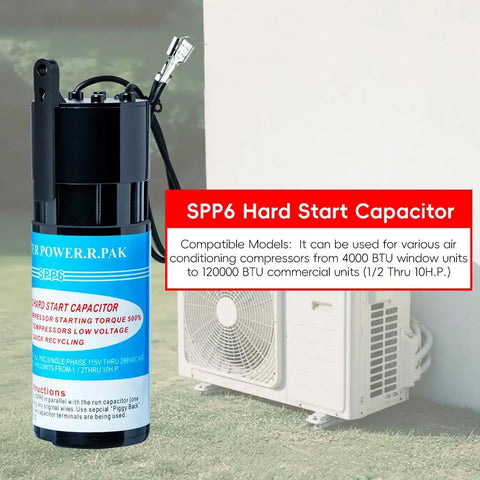 Close-up of SPP6 Hard Start Capacitor with AC unit, Hard Start Kit For Air Conditioners That Cranks Up Five Hundred Percent Starting Torque