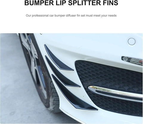Get Rad With These Heavy Duty 6 Pcs Front Bumper Canards For Mini Cooper; Black Rubber Winglets And Splitter Fin Kit To Block Debris And Spice Up Your Ride Style Today. Black rubber front bumper splitter fins on white Mini Cooper, side view