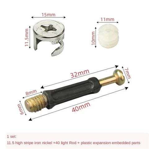 Heavy Duty Furniture Cam Lock Fasteners 100 Piece Set 6mm Male Thread 40mm Long Rust Resistant Alloy Steel Cabinet Bolts For Wardrobe Assembly That Are Built Like A Tank - silver and black components.