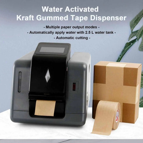 Electric Water Activated Tape Dispenser Heavy Duty Kraft Paper Tape Cutter With Button And Sensor Control For Packages on table with box.