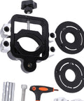 Close-up of Industrial Grade Aluminum Router Lift System Featuring Fine Micro Adjustment Controls and Rock Solid Base Platform parts including base rings.