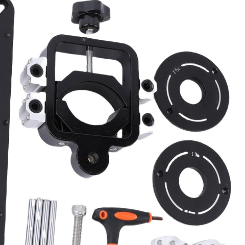 Close-up of Industrial Grade Aluminum Router Lift System Featuring Fine Micro Adjustment Controls and Rock Solid Base Platform parts including base rings.