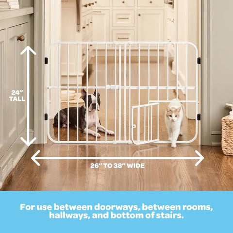 Tuffy Metal Expandable Pet Gate With Small Pet Door, 24 Inch Tall, Expands From 22 To 38 Inches, Pressure Mount in doorway with pets