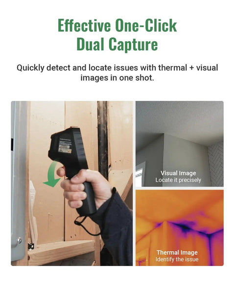 Person using Thermal Imaging Camera With Visual Sensor And Laser Pointer, Dual IR And Visible Cams for home inspection.