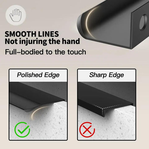 Diagram showing the smooth arc edge of the Five Pack Black Hidden Drawer Cabinet Handles Aluminum Alloy Arc Edge Pull Back Mount Concealed
