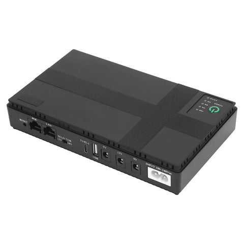 Rock Solid 20000 Mah Ups Battery Backup Offering 18 Watt Output And Us Plug To Keep Your Routers Running No Sweat During Unexpected Power Outages At Home Or Office, side view showing ports.