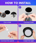 Step-by-step installation guide for Xsky Smart Recessed Lighting 6 inch 12 Pack, showing cutting, connecting, and installing.