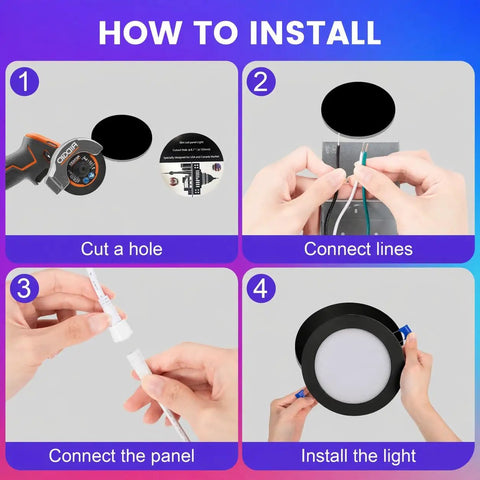 Installation steps for Xsky Smart Recessed Lighting 6 Inch 1 Pack, Black Trim, showing cut, connect, and install process.