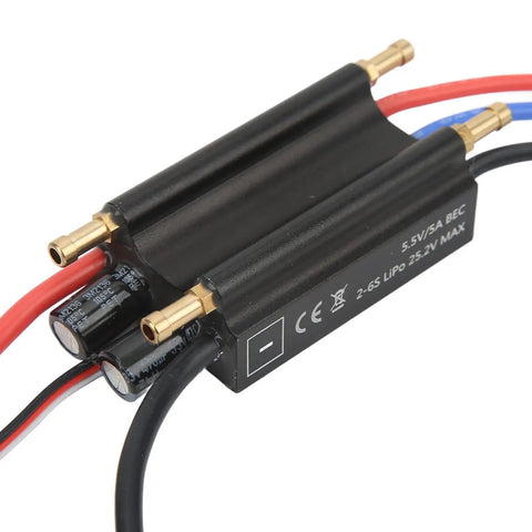 Close-up of 70A Waterproof Brushless ESC With Built In BEC Aluminum Alloy Body Black Finish showing wiring and connectors.