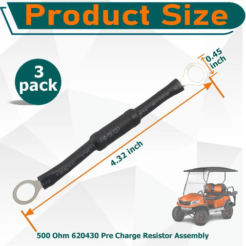 Top Shelf 3 Pack 500 Ohm Pre Charge Resistor Assembly For Ezgo 48V Golf Carts Plug And Play Electric Upgrade with size details.