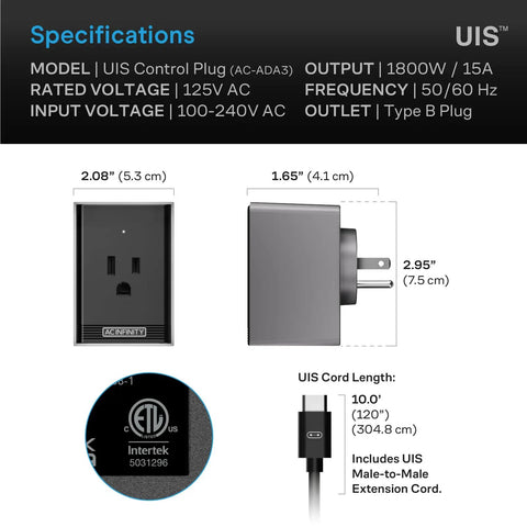 Specifications for Outlet Adapter For UIS Smart Controllers Lets You Power Humidifiers Dehumidifiers And Air Conditioners Safely With Automatic Start Gear Only Not For High Wattage Heaters Or Rapid On Off Cycling, showing dimensions, plug type, and cord length.