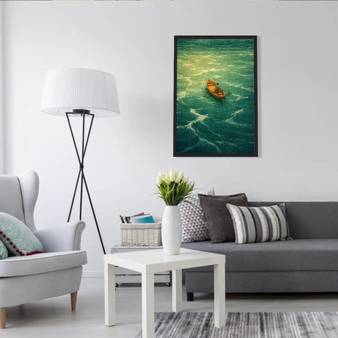 Framed Man Rowing Boat In Ocean Canvas Print Poster Art For Living Room And Apartment Decor Dope Contemporary Wall Decor With Black Frame 16 By 24 Inches Vibrant Modern Home Vibe