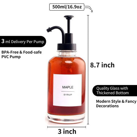Two Pack Glass Syrup Pump Dispensers For Coffee Bar Setup With 84 Labels And Funnel, 16.9 Oz Each, Matte Black Pumps