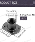 Solid As A Rock M10 T Shaped Weld Nuts 10 Piece Black Carbon Steel Tab Fasteners With UNC Threads And Four Millimeter Projection, detailed size view.