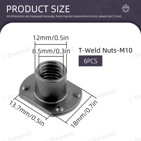 Solid As A Rock M10 T Shaped Weld Nuts 10 Piece Black Carbon Steel Tab Fasteners With UNC Threads And Four Millimeter Projection, detailed size view.