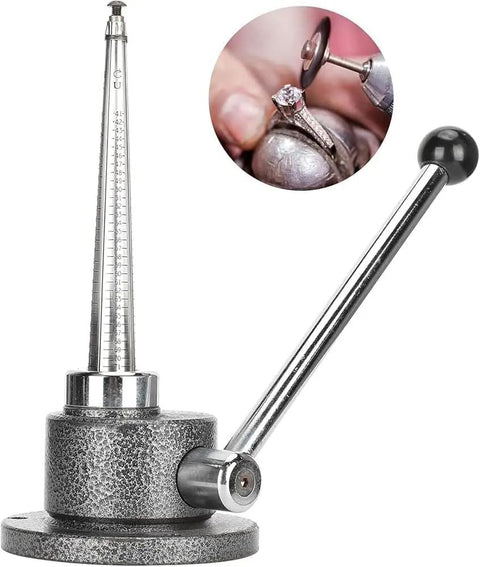 No Sweat Ring Resizing Tool, Heavy Duty Iron Ring Stretcher and Reducer with size chart for precision jewelry adjustments.