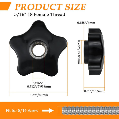 4 Pack 5/16-18 Female Thread Knob T Handle Black Nylon Five Star Head Clamping Nut Knobs Set With Stainless Steel Insert