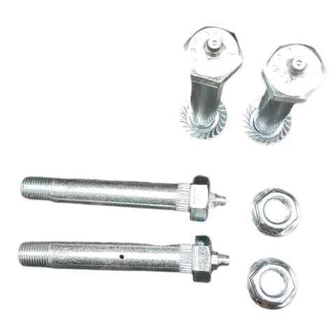 Hex Head Bolt Equalizer 0.56-Inch By 3.4-Inch Wet Step-Down End 0.50-Inch Zinc Plated 12N Greaseable Kit With 4 Wet Shoulder Bolts And 4 Flanged Nuts For 2-Inch Wide Slipper Springs, shown with bolts and nuts