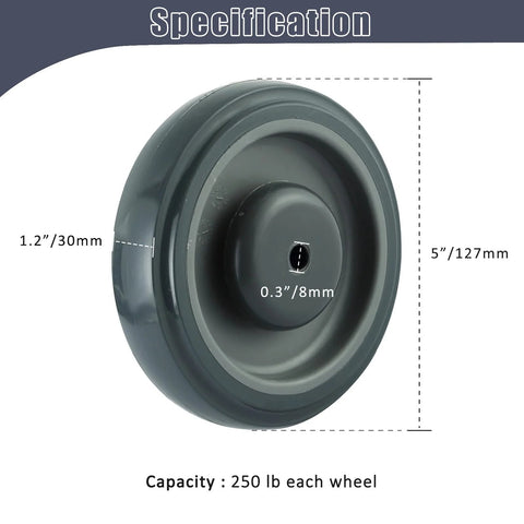Side view of a 5 Inch Shopping Cart Replacement Wheels Kit With Polyurethane Tread Stepped And Full Tread Face Double Ball Bearing Silent TPU Caster Wheels With Screws For Supermarkets 250 Lb Capacity Per Wheel 4 Pack Grey, showing dimensions and capacity.