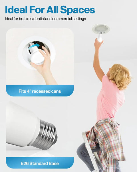 Four Pack BR20 Led Flood Bulbs E26 Base Emit Pretty Darn Bright 2700K Glow To Swap Fifty Watt Lamps For Seven Watt Efficiency, woman installing BR20 LED bulb in ceiling fitting.