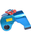 Heavy Duty Rock Solid Aluminum Alloy Hydraulic Torque Wrench With Slick Swivel Joint, side view, blue finish, detailing clamp and rotating joint.