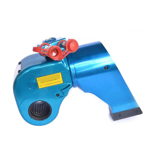 Heavy Duty Rock Solid Aluminum Alloy Hydraulic Torque Wrench With Slick Swivel Joint, side view, blue finish, detailing clamp and rotating joint.