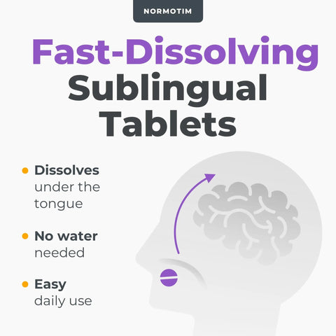 Fast-dissolving sublingual tablets diagram showing brain and tablet placement under tongue.
