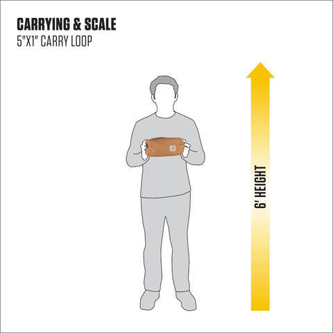 Illustration of a person holding a durable travel kit for real life use, water resistant toiletry bag in black with size comparison arrows.