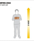 Illustration of a person holding a Durable Travel Kit For On The Go Grab And Go Gear showing size comparison to 6-foot height.