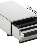 Pro Level Silent Espresso Knock Box For Home Baristas Stainless Steel Coffee Grounds Waste Holder with silicone beam, open view.