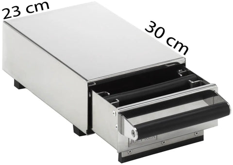 Pro Level Silent Espresso Knock Box For Home Baristas Stainless Steel Coffee Grounds Waste Holder with silicone beam, open view.