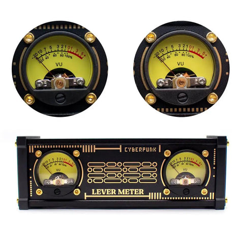 Dope Sound Activated VU Meter With RGB Backlight Desktop Audio Visualizer Built In Microphone No Cables Needed Syncs To Your Music In Real Time With Customizable RGB Colors And Modes Like Breathing And Steady. black dual gauge desktop audio meter front view