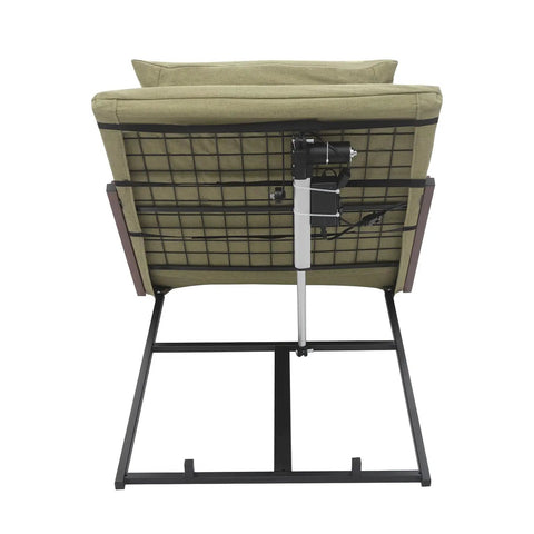 Back view of Electric Bed Backrest Lift with remote control, showing durable steel frame and green fabric cushions.