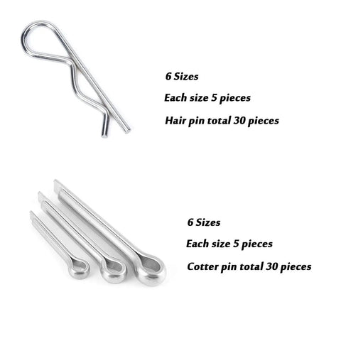 60 Pc Cotter Pin Hair Pin Kit With Zinc Plated R Clips For Hitch Pin Lock Systems, showing various pin sizes and styles
