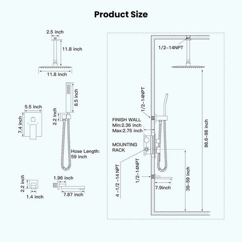 Detailed diagram of Polished Chrome Rain Shower Mixer Faucet Set With Waterfall Tub Spout 12 Inch Square Rainfall Head Ceiling Mount.